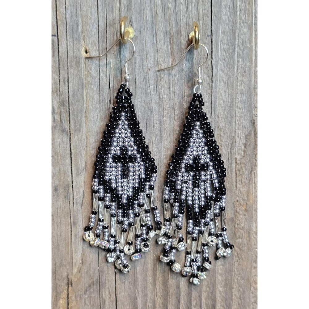 Handmade Beaded Earrings Drop / Dangle Geo Design Approx 3.5 in. Black/Silver